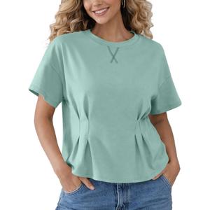 Women's Peplum Tops Babydoll Tops Short Sleeve Shirts Cinched Waist Tops Casual Blouses Dressy Summer (S)