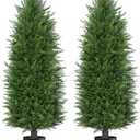 AOKIIE 5FT Artificial Cedar Topiary Trees UV Protection for Outdoor 2PCS | 60 Inch Tall UV Protection Fake Cypress Trees for Outdoors, Potted Pine Plants for Patio, Porch, Home, Doorway Decor