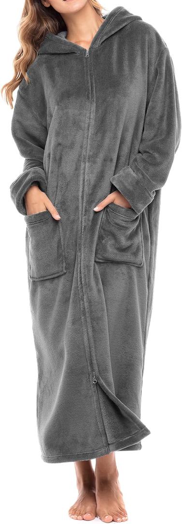 Alexander Del Rossa Fleece Zip Up Robes for Women with Zippered Front, Hooded Zipper Robes for Women, Womens Long Robe (Large, Steel Gray)