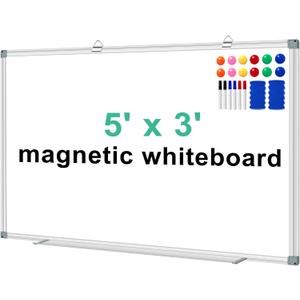 H-Qprobd White Board Dry Erase Boards for Wall 5' x 3' Magnetic Whiteboard - 60"x36" Aluminum Presentation Large Whiteboard with Long Pen Tray, 6 Markers, 2 Erasers &12 Magnets