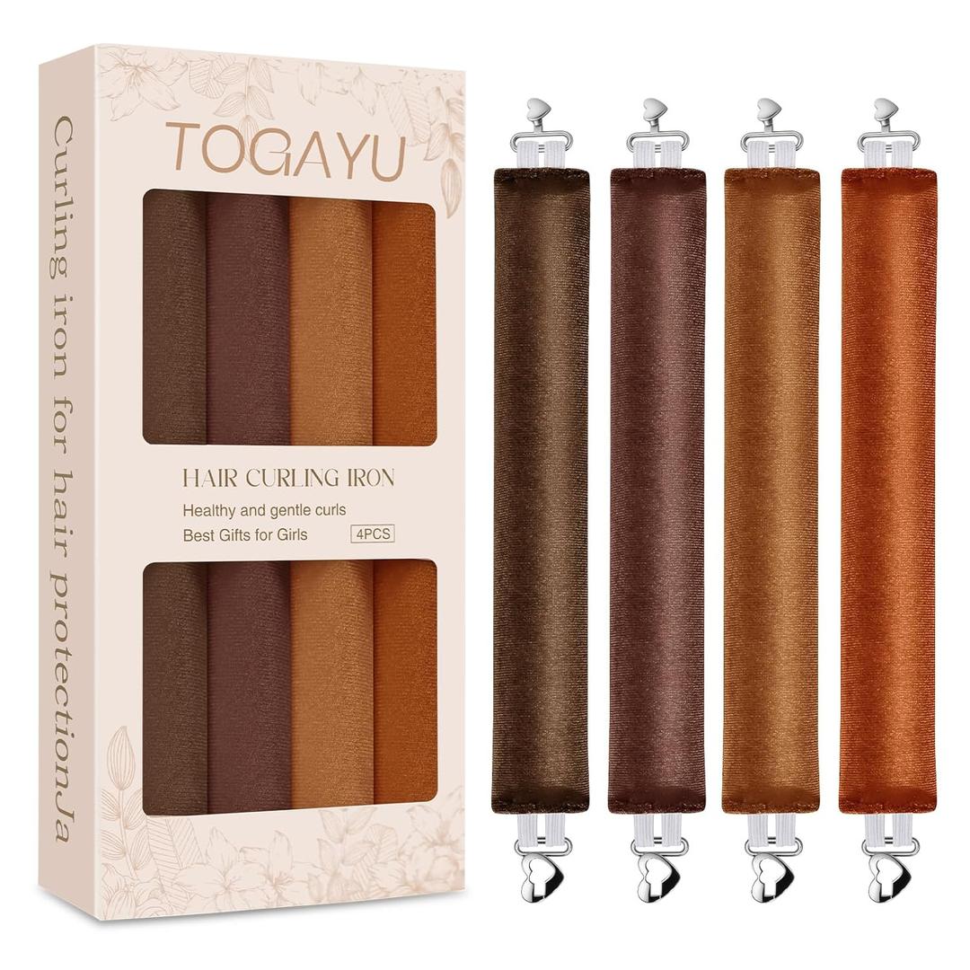 Togayu Heatless Curls Overnight Set - 4PCS Jumbo Velvet Hair Rollers to Sleep In, Soft Flexi Rods for No Damage Curls and Wave (Brownish red)