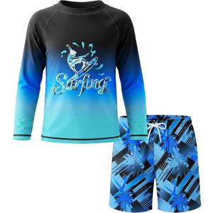 Boys Two Piece Rash Guard Swimsuits Set Kids Long Sleeve Shirt with Swim Trunks Bathing Suit Shorts Swimwear Set 7Years