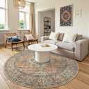 Lahome Oriental Washable Round Area Rug, Non-Slip Round Rugs 6ft Ultra-Thin, Soft Large Throw Circle Carpet for Living Room Bedroom Kitchen Nursery Eleanor, Peach/Orange