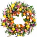 24 Inch Spring Wreaths for Front Door, Artificial Tulip Wreath with Lights & Butterflies, Spring Summer Easter Wreath for Indoor Outdoor Decor