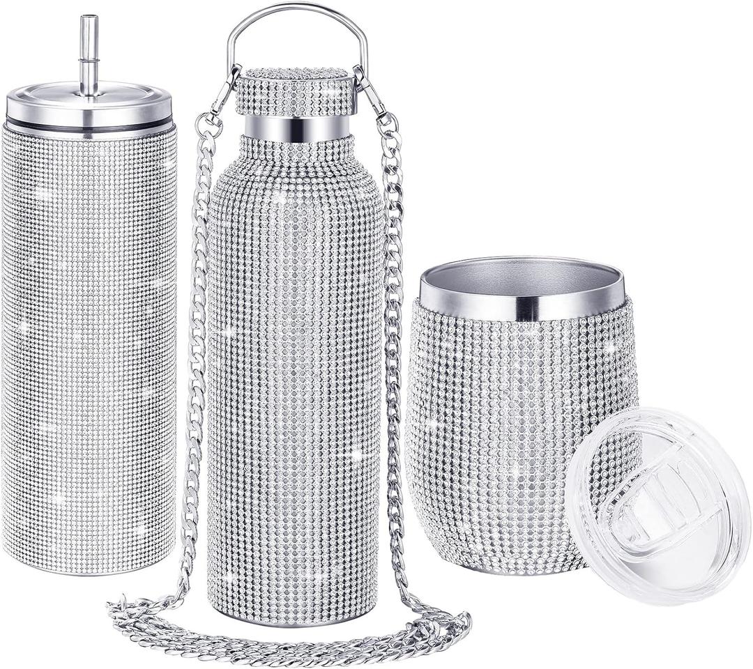 Youyole 3 Pcs Diamond Water Bottle Rhinestone Water Bottle Glitter Tumbler, Thermal with Chain, Bling Cups with Lids Rhinestones Stainless Steel Thermal for Women Girl (Classic Style)