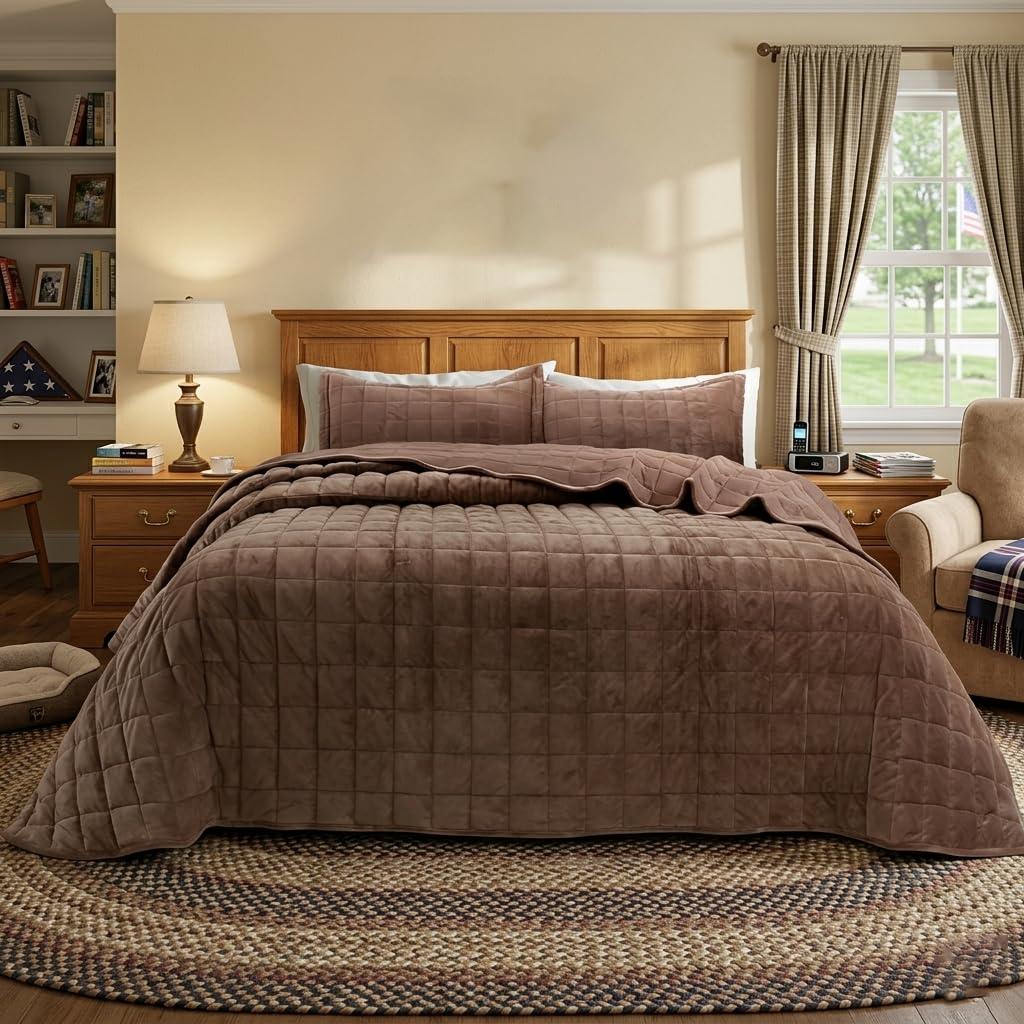 FFQSS Velvet Quilt Super King Size, Luxury Soft Bedding Set, Lightweight Cozy Warm Quilted 3-Piece Velvet Coverlet Bedspread Sets with 2 Pillow Shams for All Season, Brown