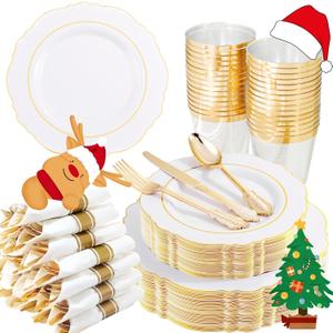 Liacere 350PCS Gold Plastic Plates-Disposable White and Gold Plates 50guest Baroque Plastic Dinnerware include 100Plates, 50Pack Pre Rolled Napkins with Silverware 50Cups for Wedding&Christmas
