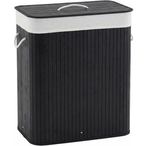 GarveeHome Folding Bamboo Laundry Hamper with Lid, 27.5 Gallon Wooden Laundry Basket with Washable Liner Bag, Slim Clothes Storage Hamper for Small Bedrooms Apartments Dorms (Black - Rectangle), 20.47x12.60x24.80 inches