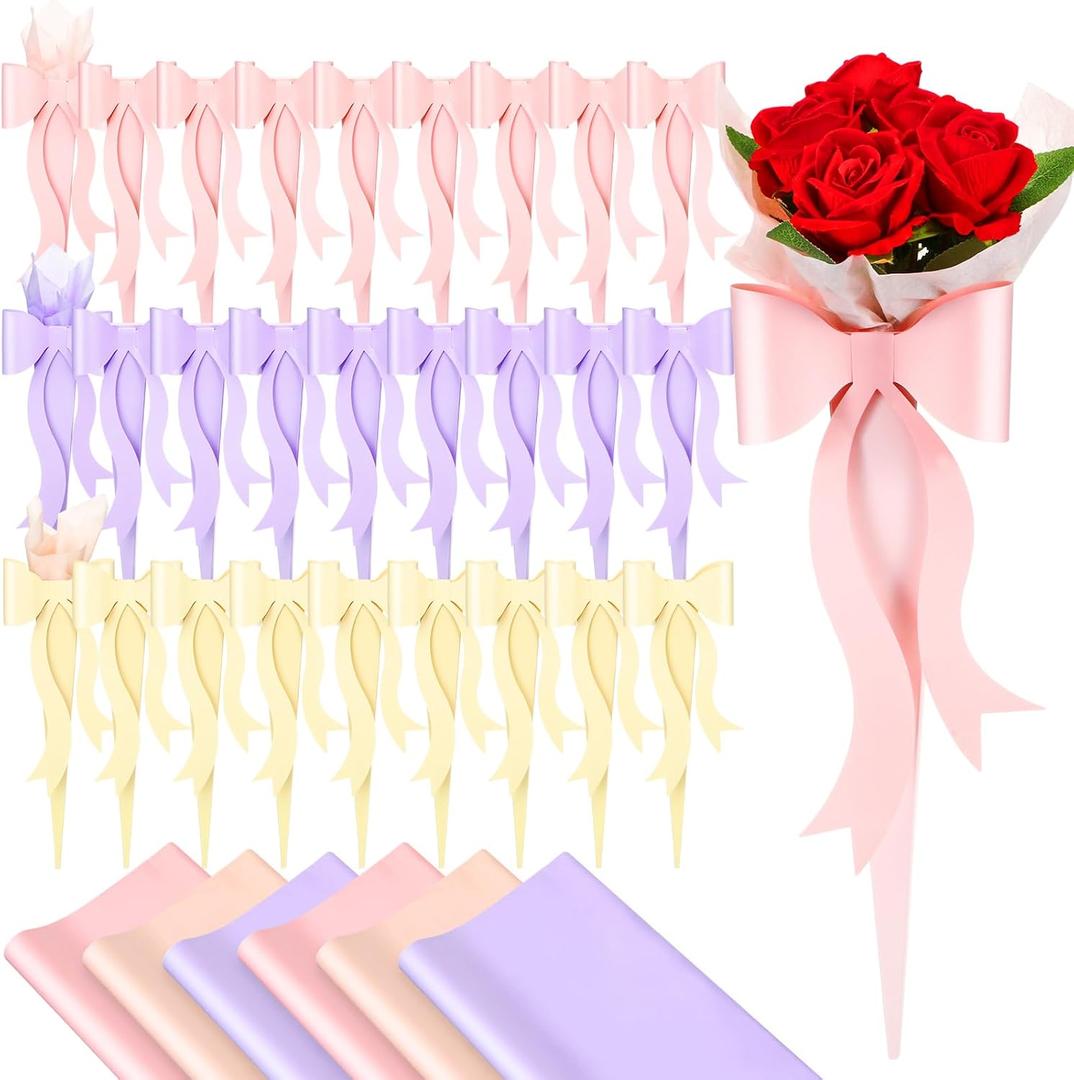 Zhanmai 69 Pcs Flower Bag Accessories 30 Pcs Single Flower Sleeve Bulk with 38 Sheet Wrapping Paper Big Bouquet Box for Valentines Mother's Day Wedding Arrangement(Pink, Yellow, Purple)