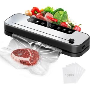 FIRE HIVE 5-in-1 Vacuum Sealer Machine for Food, 75KPa Powerful Suction, 11.8" Sealing Strip, Purple Light Clean, Built-in Sliding Cutter, Dry & Moist Modes, LED Display, 10 Vacuum Bags Included (Black)