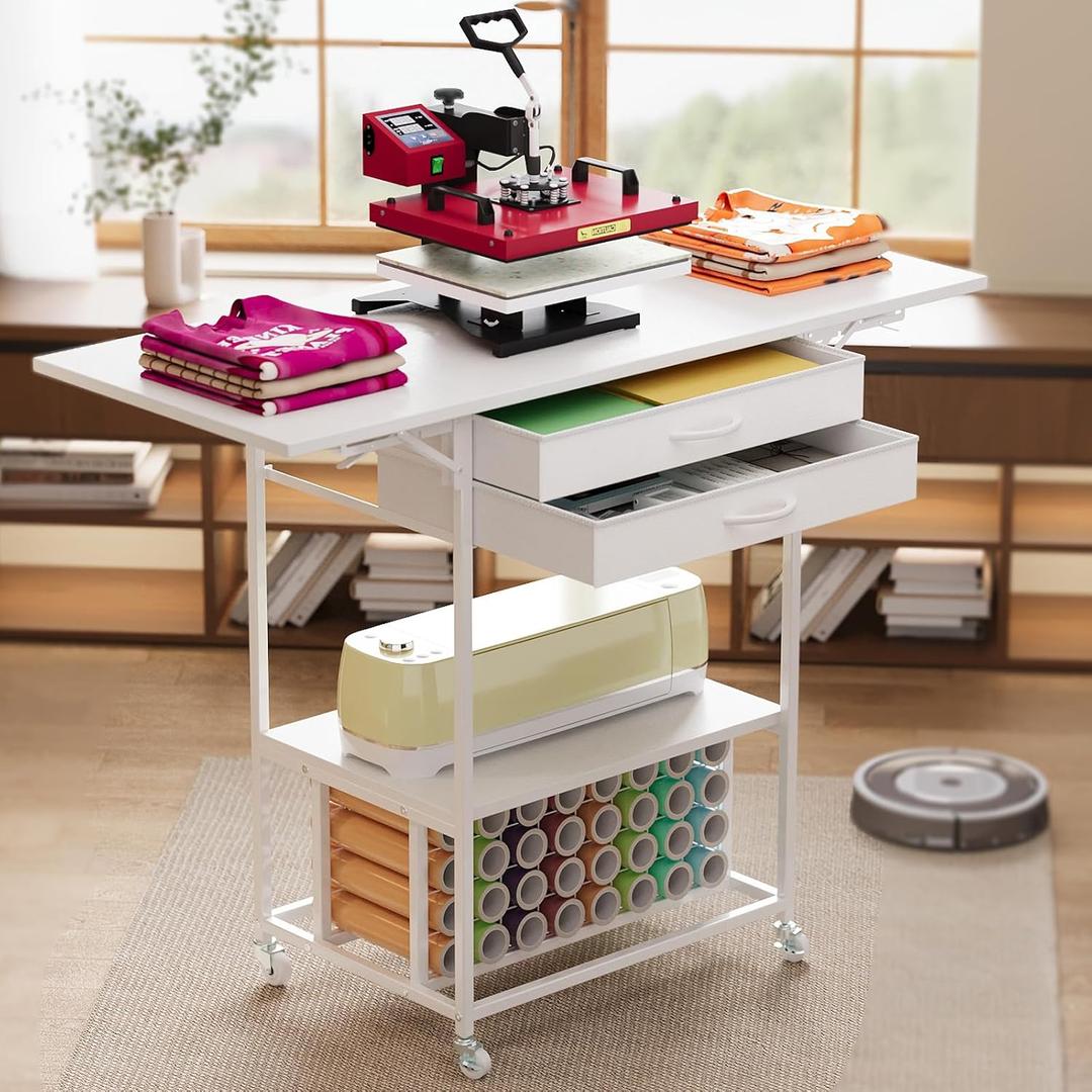 VENNQD Large Folding Heat Press Table Stand, Folded Rolling Heat Transfer Machine Cart Drawers Compatible with Cricut Vinyl Roll Holder DIY Crafting Table Workbench (White), 46.46 inches x 19.7 inches x 35.43 inches