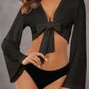 YYA Women's Lightweight Ribbed Cardigan Tie-Front Beach Cover Up with Long Sleeves for Summer Outfits Black M