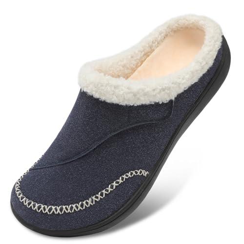 LeIsfIt Slippers for Women Wide Diabetic Slippers Adjustable Memory Foam House Slipper Warm Slip on House Shoes with Non-slip Sole Indoor Outdoor Navy Size 38