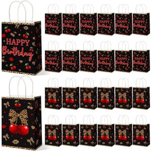 Geyoga 24 Pcs Cheetah Cherry Gift Bags Leopard Print Party Favors Cherry Bow Candy Goodie Bags with Handles Red and Black Cheetah Print Pattern Treat Party Supplies for Women Animal Birthday Decor