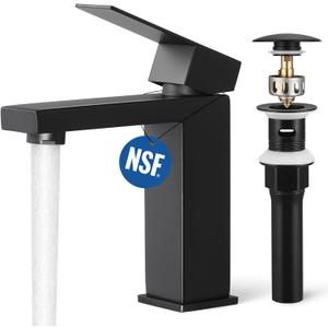 KES Black Bathroom Faucet Single Handle & Bathroom Sink Drain with Overflow, cUPC Certified Vanity Faucet with Pop Up Drain Stopper Stainless Steel Matte Black, L3156ALFF12-BK-C2