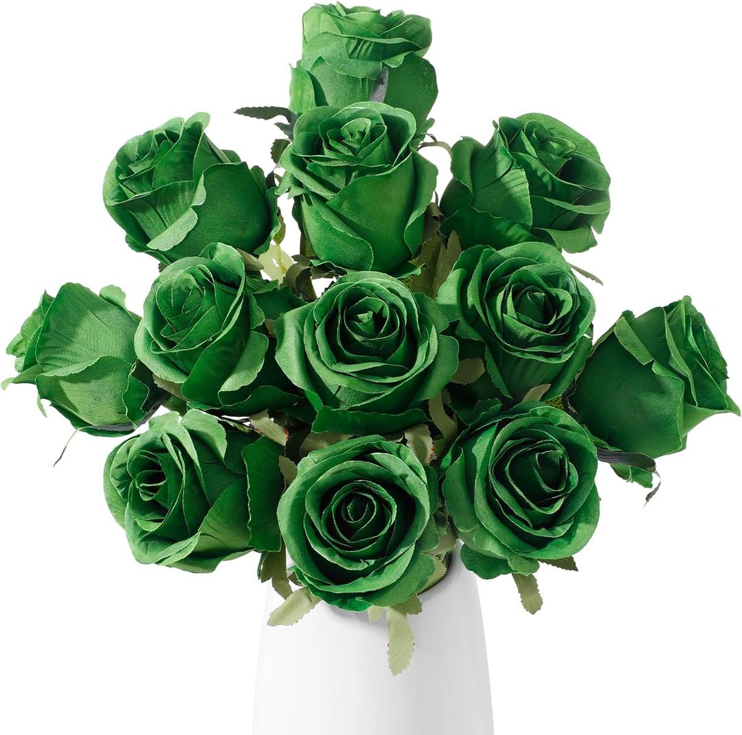 12pcs Green Roses Artificial Flowers, Realistic Silk Velvet Fake Flowers with Long Stems for Valentines Day Wedding Bouquets Home Decoration Party & DIY Floral Arrangements (Green)