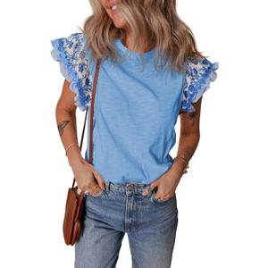 SELINK Womens Summer Ruffle Short Sleeve Top Crewneck T Shirts Floral Trim Casual Blouses (Medium, Z58 Sky Blue)