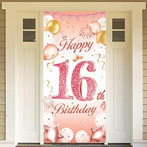 DPKOW Rose Gold 16th Birthday Decoration for Girl, Rose Gold Happy 16th Birthday Door Banner Backdrop Decoration Supplies, for Wall Garden Table, 72.8 x 35.4 inch