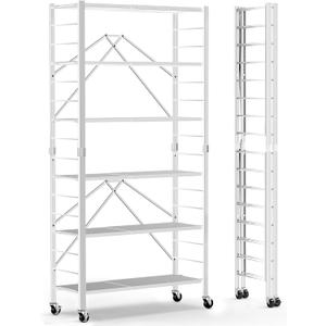 Himix 6 Tier Foldable Storage Shelves, Expandable Folding Bookshelf with Wheels, Changeable into 2 Shelf Units, Collapsible Adjustable Storage Rack Metal Shelves for Garage Kitchen, Basement, White