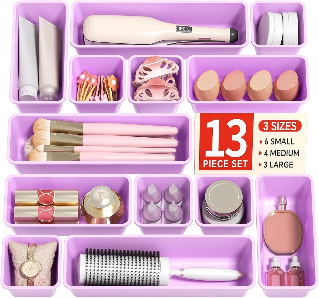 Canfanni 13 Pack Plastic Drawer Organizers Set, 3 Sizes Desk Drawer Organizer Trays for Vanity and Makeup Organizer, Organization and Storage for Makeup, Kitchen Utensils, Bathroom and Office(Purple)