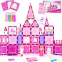 Magnetic Tiles for Kids 4-8, 3 5 Year Old Girl Gifts - Princess Castle Pretend Play Toys with DIY Painting Set and Stickers, STEM Learning Magnet Building Blocks Birthday for Girls Boy