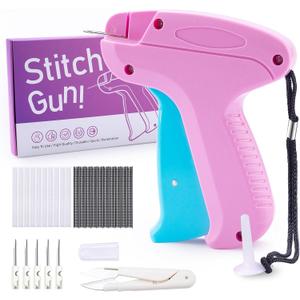 Stitch Gun for Clothes, Stitchy Quick Clothing Fixer, Micro Tagging Gun for Clothing, Mini Sticky Sewing Gun, Stitch Fix Gun, Includes 6 Needles, 1 Scissors, 2000 Black & 2000 White Fasteners, Pink Blue