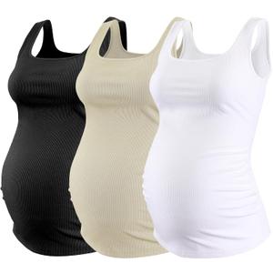 Ecavus Women's Maternity Tank Top 3 Pack Square Neck Ruched Side Soft Stretch Ribbed Comfortable Basic Shirt (Medium, Black+Oatmeal+White)