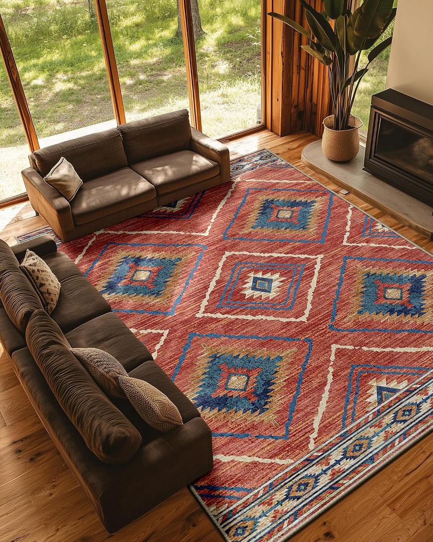 Area Rug 10x14 Rug Machine Washable Non-Slip Low Pile Print Pattern Western Rug for Living Room Bedroom Entryway Tribal Series -Red/Orange