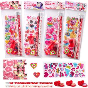 JOYIN 28 Packs/225pcs Valentines Day Stationery Kids Gift Set for School Classmates Exchange, Party Favor, Includes Pencils, Erasers, Stamper, Stickers