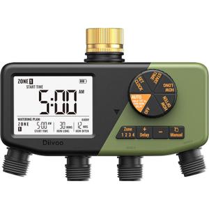 Diivoo 4 Zone Sprinkler Timer with Brass Inlet, IP68 Waterproof 4 Zone Water Timer with Large Display, Digital Control & Rain Delay & Manual Watering for Garden Hose, Lawn, Yard