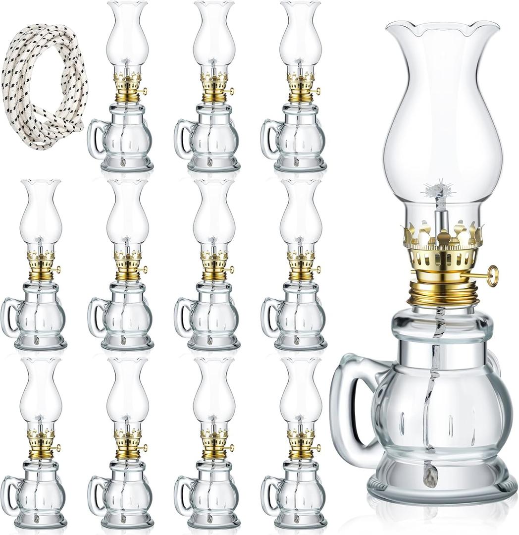 Yexiya 12 Pcs Oil Lamp Vintage Glass Kerosene Lamp Rustic Lantern Chamber Oil Clear Kerosene Hurricane with 6.6 ft Extra Wick for Indoor Use Home Decor Emergency (Elegant)