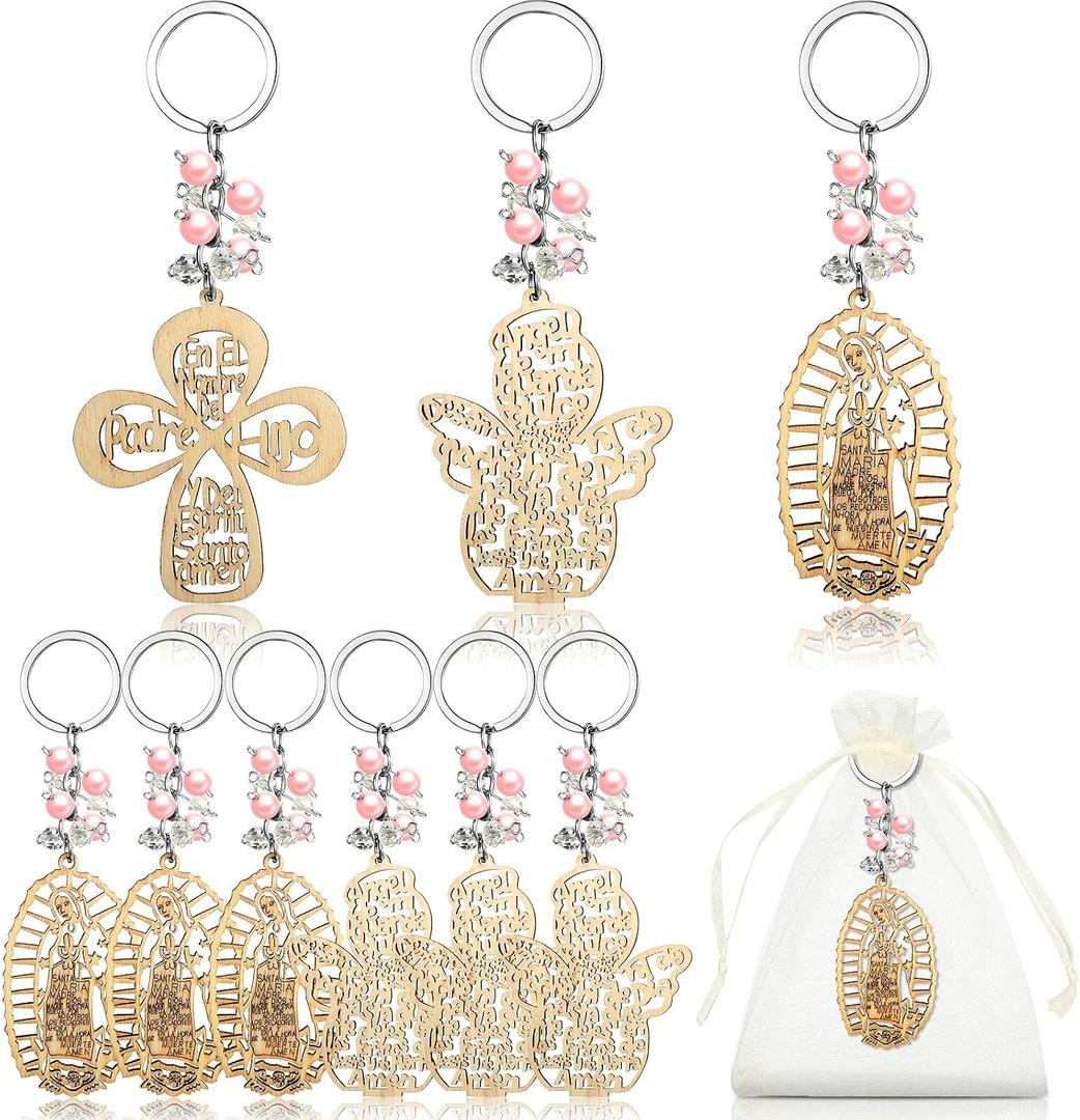Hicarer 18 Pcs Christian Baptism Keychain Pearls Recuerdos De Bautizo Bible Wooden Keychain with Organza Bags Baptism Favor(Pink Pearls)