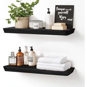 24"x6.8"x1.6" Slanted Floating Wall Shelves 2-Pack - Rustic Black Finish, Heavy-Duty Solid Wood Design with Hidden Brackets - Perfect for Living Room, Kitchen, Bathroom, or Office, 24"-set of 2