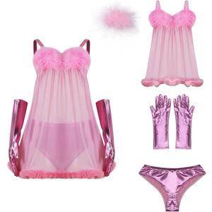 Fembot Costume Dress Women's Pink Sexy Negligees Robot Cosplay Halloween Costumes with Gloves Outfit, Pink, Size S