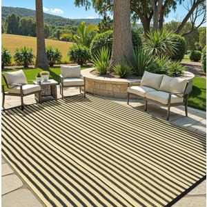 LEEVAN Waterproof Outdoor Rug 8x10 Black and Brown Patio Rug Clearance Large Plastic Straw Backyard Area Rug Striped Camping Outside Mat for Picnic, RV, Deck, Bench, Balcony