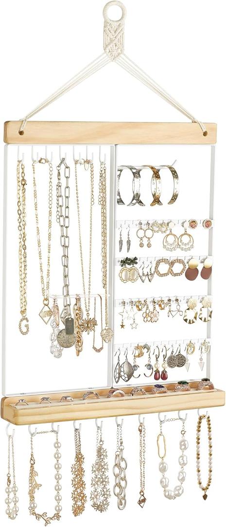 Mkono Hanging Jewelry Organizer Wall Mounted Earring Holder Metal Necklace Holder Wood Shelf with 55 Holes and 7 Hooks Display Rack For Storage Bracelet Rings Ear Studs Accessories Women Bedroom Decor