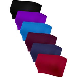 Geyoga 6 Pieces Strapless Bandeau Bras, Seamless Bralettes Stretchy Non Padded Tube Tops for Women (XX-Large, Black, Purple, Lake Blue, Purplish Red, Navy Blue, Burgundy)