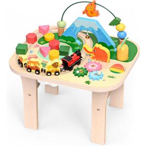 wingyz Activity Table for 1 Year Old Toddler, 9-in-1 Multi-Colorful Wooden Montessori Toys, Baby Play Table with Bead Maze Shape Sorter Train Toy, Educational Gifts for 12 Months+ Kids Boys Girls