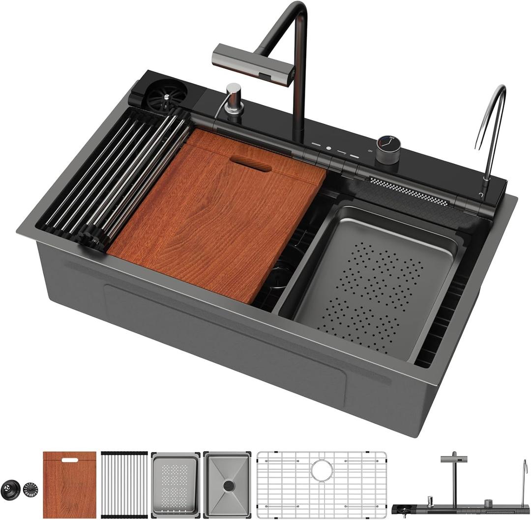 Mocoloo 30 Inch Black Honeycomb Waterfall Kitchen Sink Drop in, 30x19 Inch Stainless Steel Workstation Sink 16 Gauge Topmount Single Bowl LED Display Sink with Complete Kit, 30"x19" Piano Key