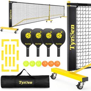 Pickleball Net Set, Pickleball Net on Wheels for Driveway Backyard, 22FT Regular Size, 4 Pickleball Paddles & 6 Balls, 12 Court Markers, 1 Carry Bag, Pickleball Set for Indoor Outdoor Play