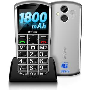 artfone C1+4G Big Button Mobile Phone for ElderlyUSB-C, Charging Dock1801mAh BatteryEasy to Use Basic Elderly PhoneSIM Free Unlocked Senior Mobile PhoneSOS ButtonFM RadioTime Reporting - Black