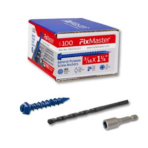 3/16 x 1-1/4" Hex Head Blue Concrete Screw Anchors (100 pcs Screw Kit) with one Screwdriver and Drill Bit for Concrete, Masonry, Block, Brick and Wood Fastening