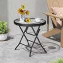 Foldable Side Table with Tempered Glass Top 18" Outdoor Folding Side Tables Small Glass Patio Table for Porch Yard Balcony Deck Lawn Dining Garden (Black)