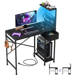 33.7 Inch Small Gaming Desk Table with LED Lights & Power Outlets, Compact L Shaped Gaming Computer Desk with CPU Stand, Drawer & Storage, Corner PC Desk for Kids, Home Office , Bedroom, Black, 33.66 x 15.75 x 43.35 inches