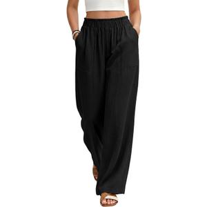 Linen Pants Women Summer Wide Leg Palazzo Pants Loose Slim High Waist Flowy Beach Boho Lounge Trouser Work Outfits 2026 (Black, L)