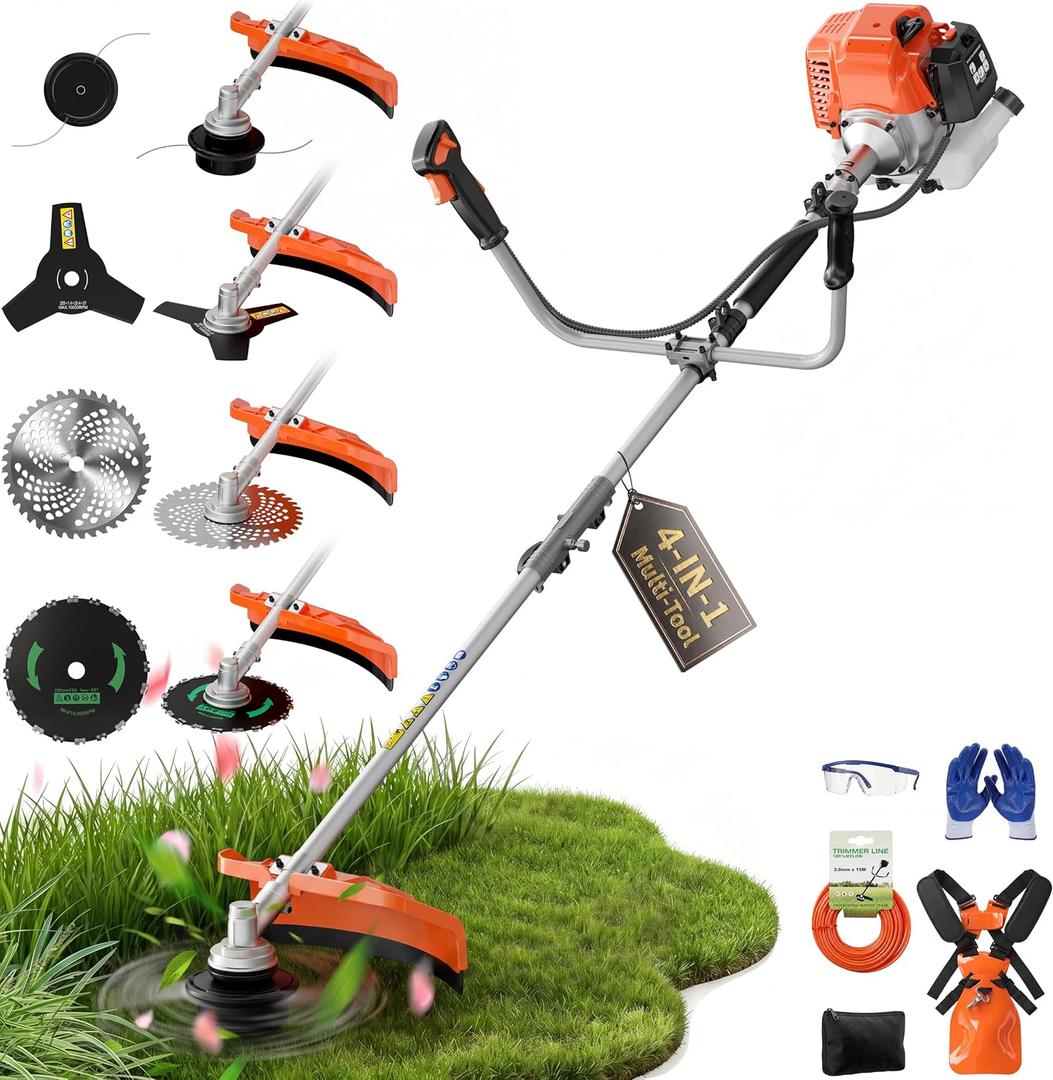 52cc Gas Weed Eater, 4-in-1 Weed Wacker Brush Cutter, Orange | aluminum alloy shaft, 18 in path, 0.095 in line, gloves goggles oil bottle tool kit, 3T 40T wood blade