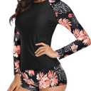 Daci Women Two Piece Rash Guard Long Sleeve Swimsuits UV UPF 50+ Swim Shirt Bathing Suit with Boy short Bottom (S)