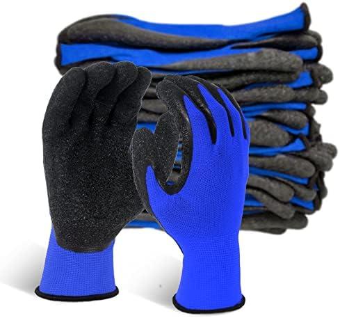 Evridwear Crinkle Latex Rubber Hand Coated Safety Work Gloves for Men Women General Multi Use Construction Warehouse Gardening Assembly Landscaping (Large, Blue- 12Pair)