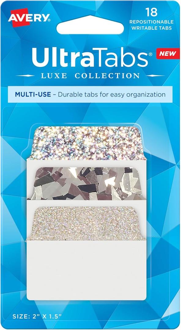 Avery Multi-Use Ultra Tabs, 2" x 1.5", Holographic Iridescent Designs, 18 Repositionable Page Tabs (74145)