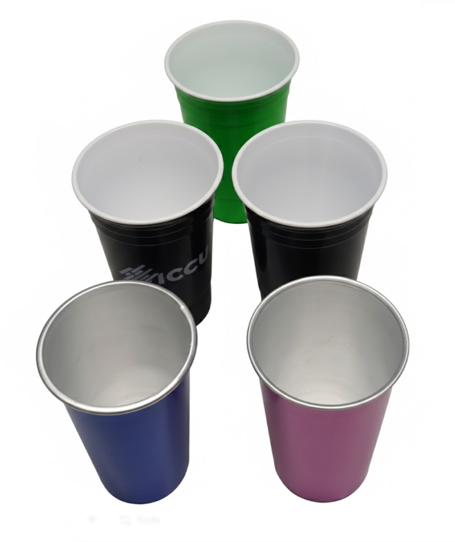 Mix Of 2 Stainless Steel Cups Stackable, 3 Plastic Party Cups 15 Oz